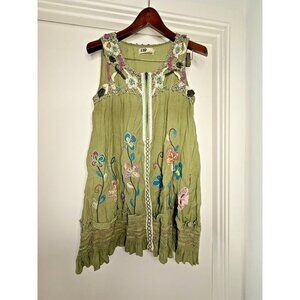 Woman Large KOR Green Crochet Embroidered Boho Lagenlook Zip Up Sleeveless Dress